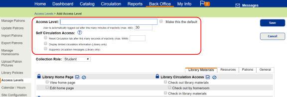 Back Office tab, Access Levels option, Library Materials sub-tab, showing self-circulation access options