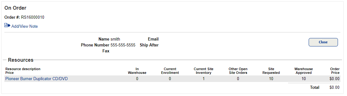 Example of the On Order page with one resource