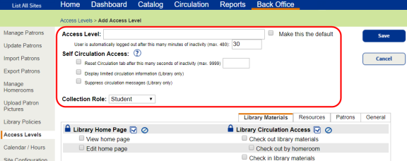 Back Office tab, Access Levels option, Library Materials sub-tab. 