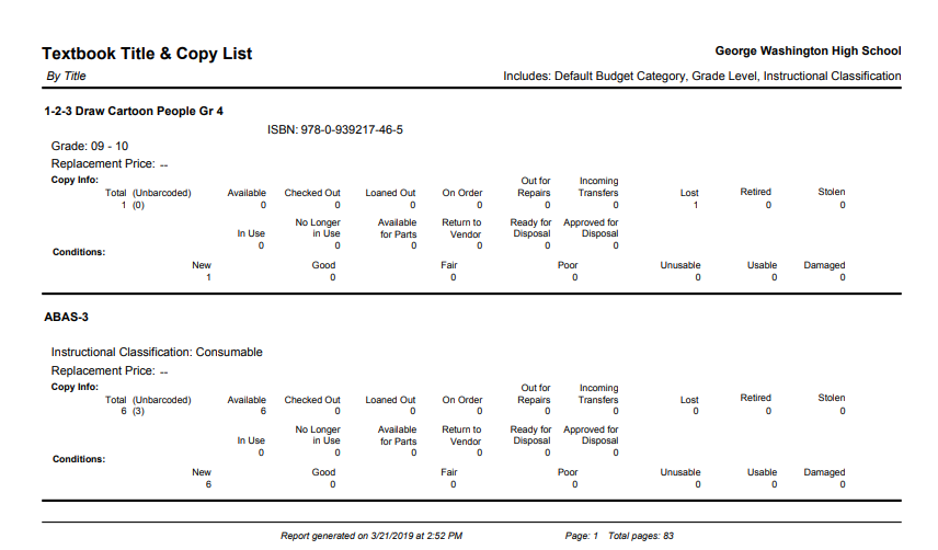 Example of the Textbook Title and Copy List by title