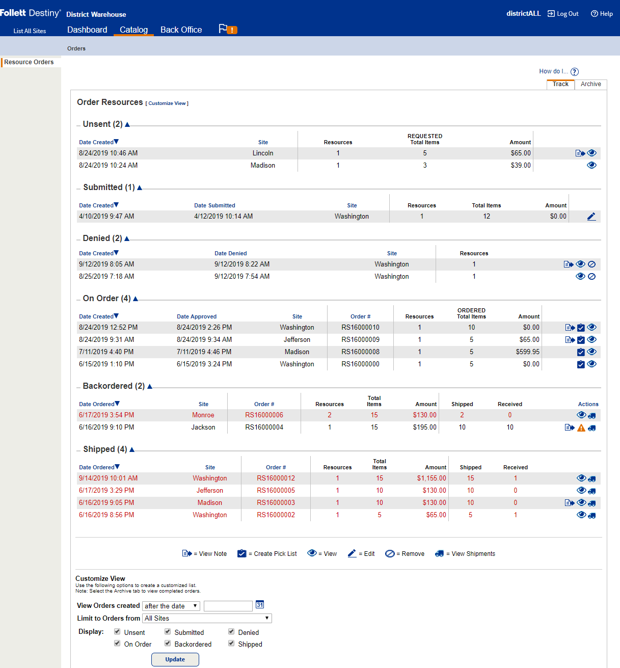 Screenshot of the District User's view of the track tab of the Catalog > Resource Order page