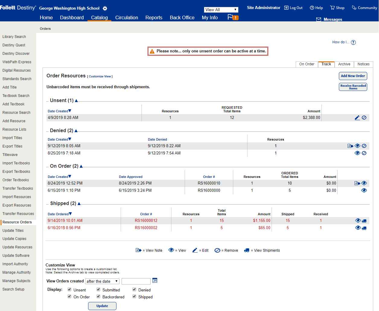 Track sub-tab of the Resource Orders page