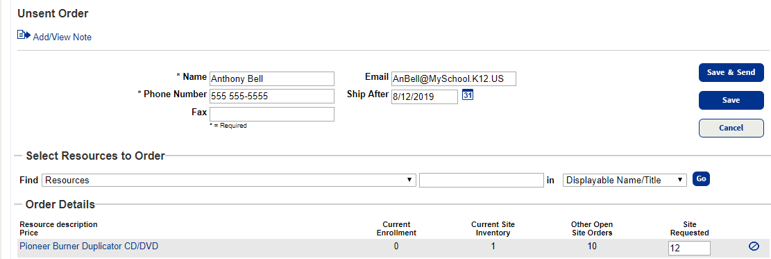 Example of an unsent order with a note